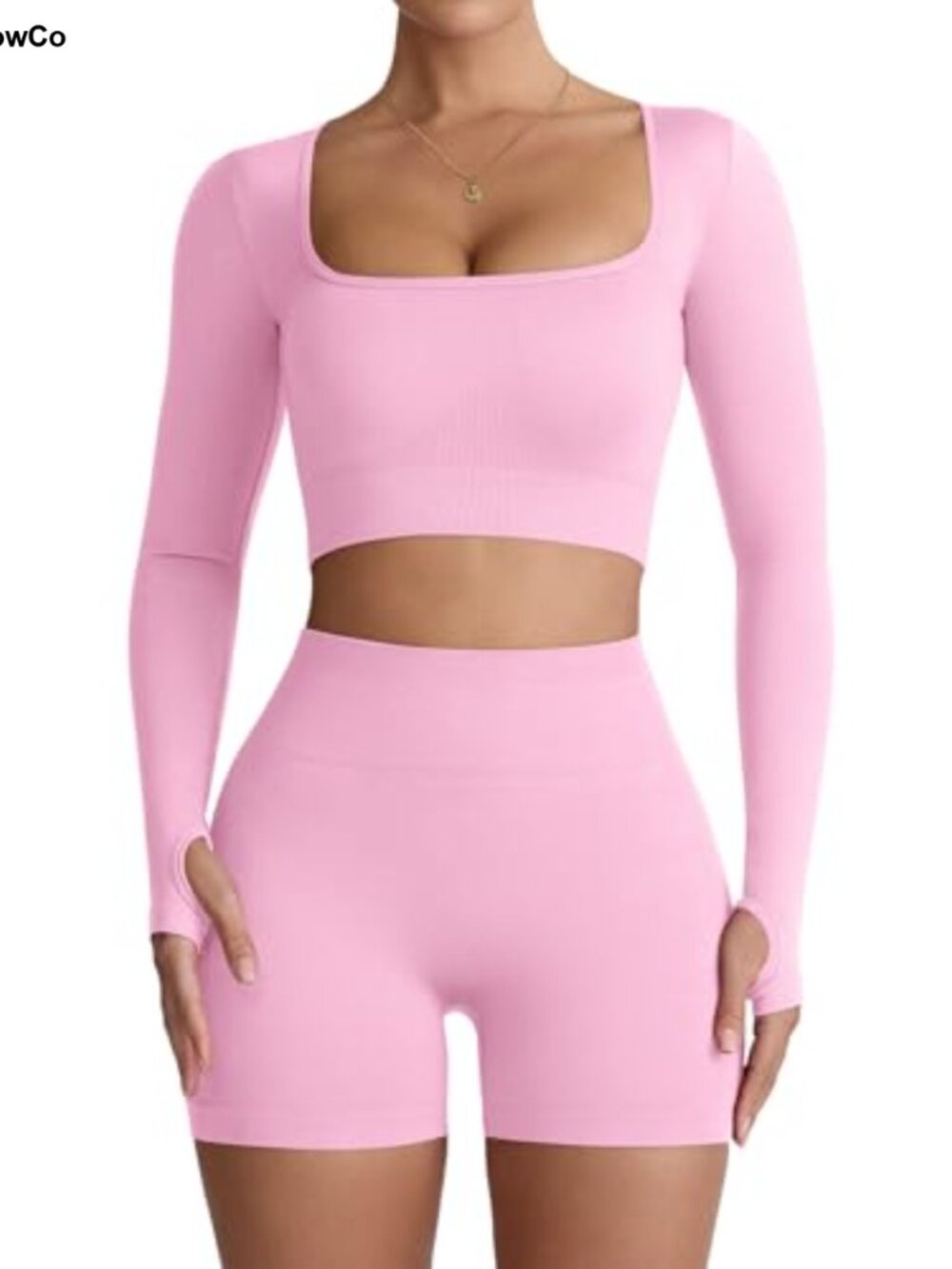 Long Sleeve Thumbhole Top High Waist Scrunch Butt Shorts Gym Set